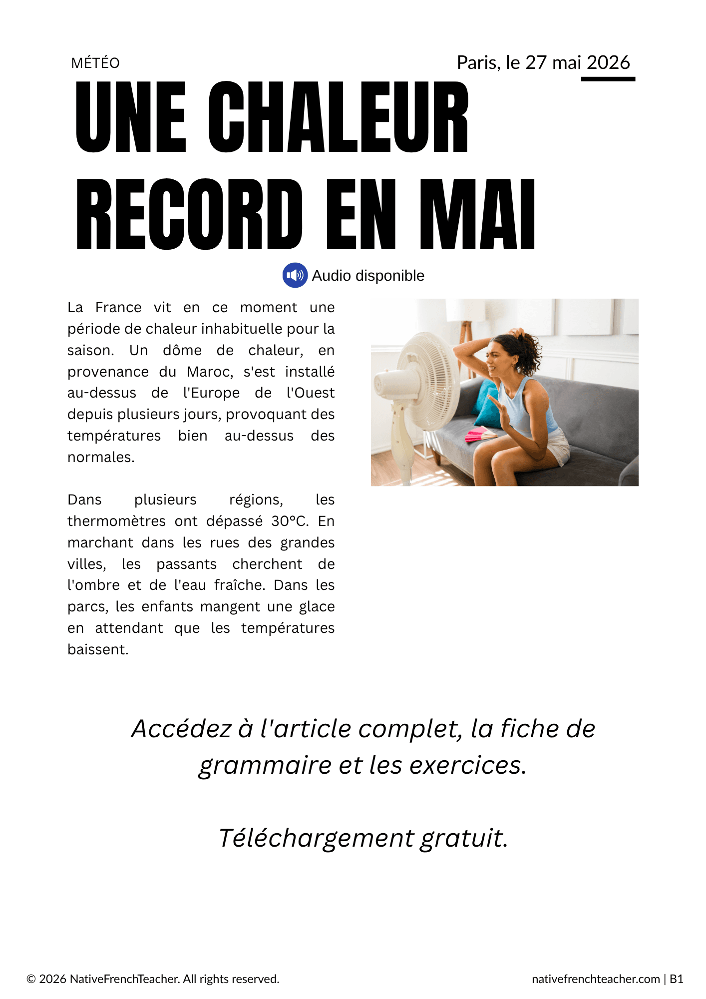 Le gérondif in context - Free B1 Resource 2 French text about heat wave for learning gerundif