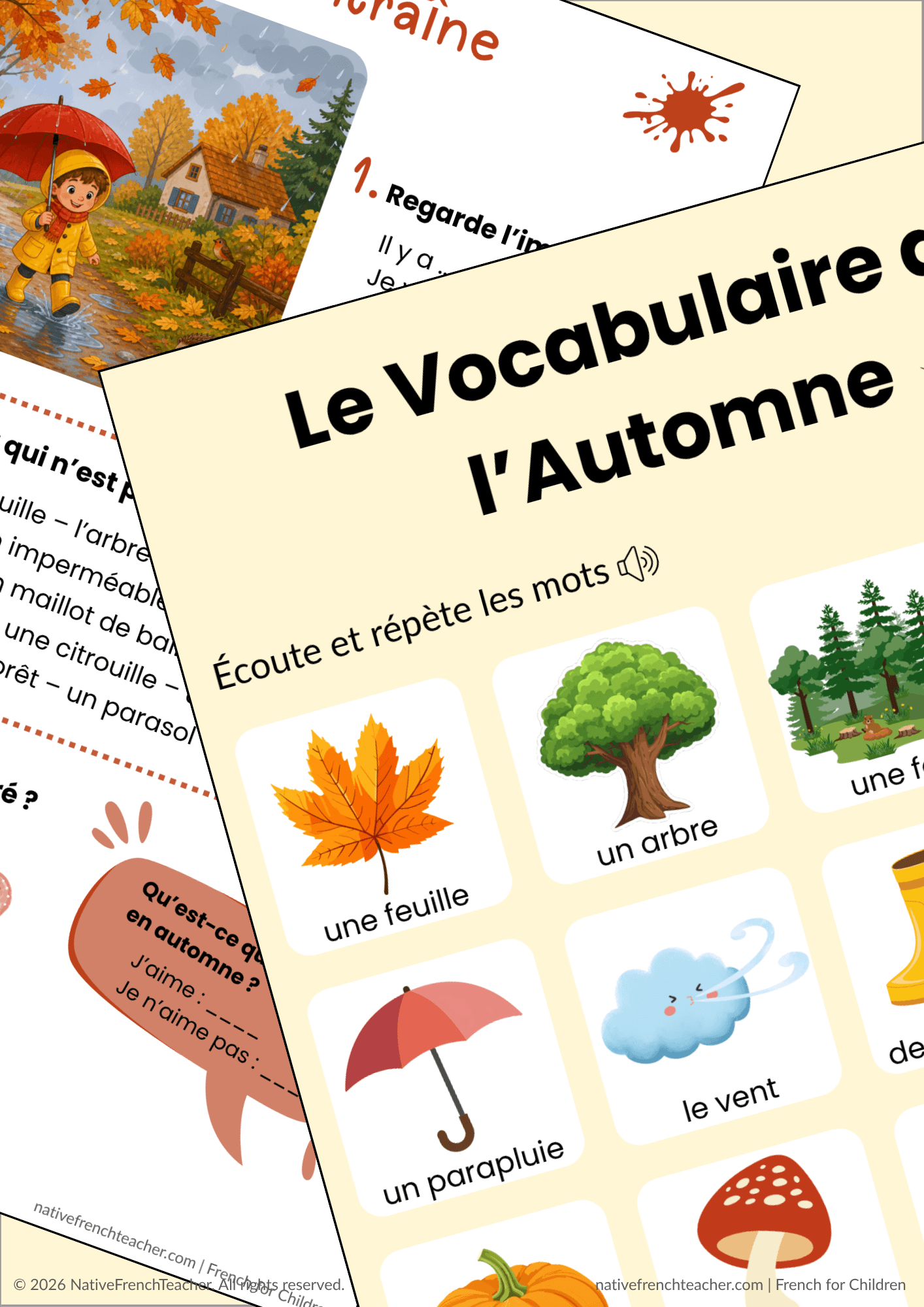 French Autumn Vocabulary for Kids | Printable Worksheets + Audio | FLE/FSL 2 French vocabulary sheet with activities