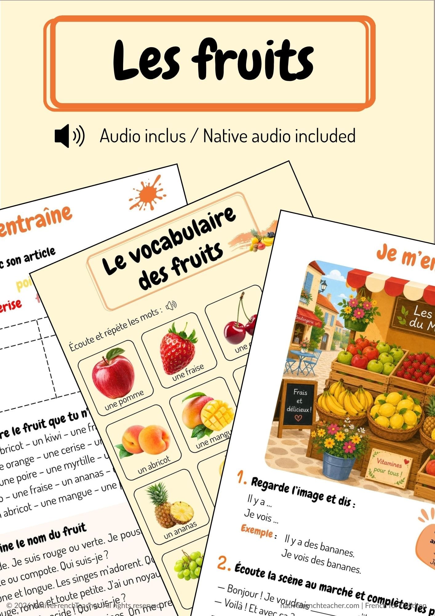 Les Fruits French vocabulary pack cover, native audio included, printable worksheets for kids Couverture du pack Les Fruits, vocabulaire français avec audio natif inclus, fiches imprimables pour enfants